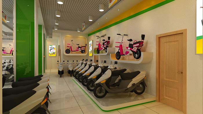 綠源電動車店鋪、店面電動車擺放區(qū)裝修設(shè)計案例效果圖