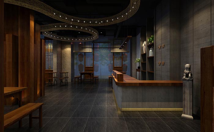 返璞歸真、回歸自然的健康飲食餐廳前臺大廳設(shè)計案例效果圖