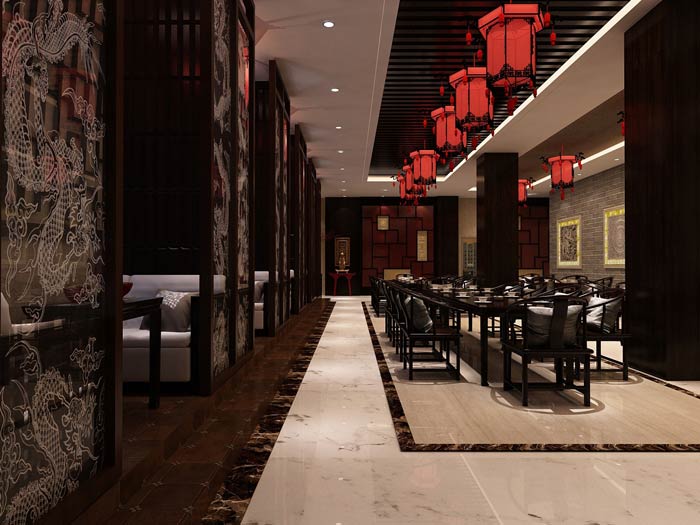 大型中式餐廳餐區(qū)紋路裝修設(shè)計(jì)效果圖