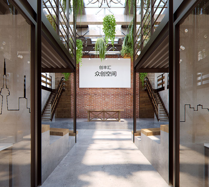 loft風格眾創(chuàng)空間辦公室進門區(qū)裝修設(shè)計效果圖